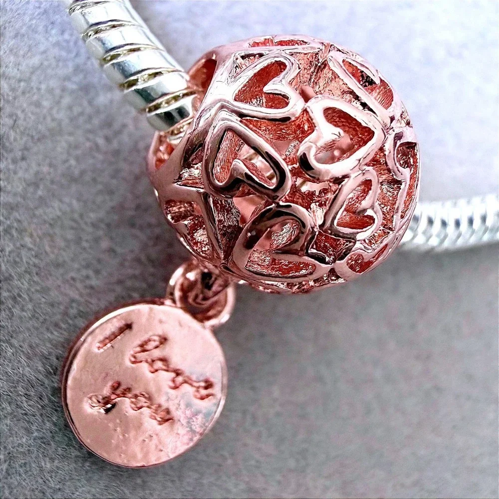 Rose Gold Holo Heart I Love You Dangle European Charm Bead fits PANDORA